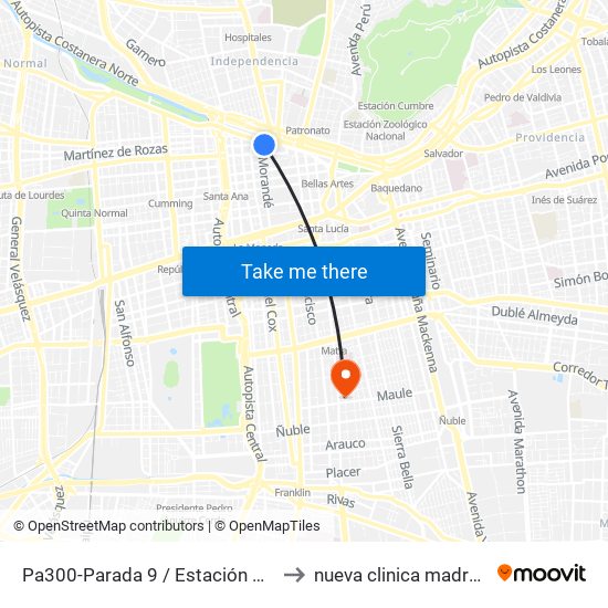 Pa300-Parada 9 / Estación Mapocho to nueva clinica madre e hijo map