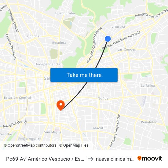 Pc69-Av. Américo Vespucio / Esq. Avenida Vitacura to nueva clinica madre e hijo map