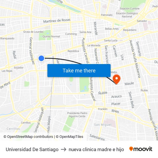 Universidad De Santiago to nueva clinica madre e hijo map