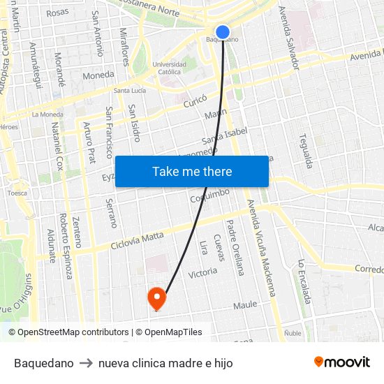 Baquedano to nueva clinica madre e hijo map