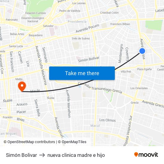 Simón Bolivar to nueva clinica madre e hijo map