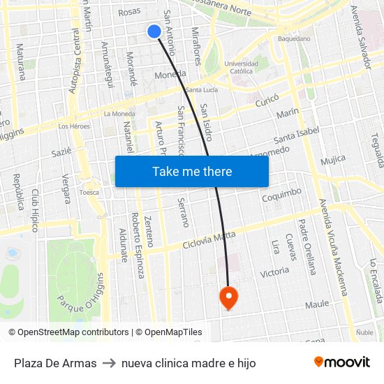 Plaza De Armas to nueva clinica madre e hijo map