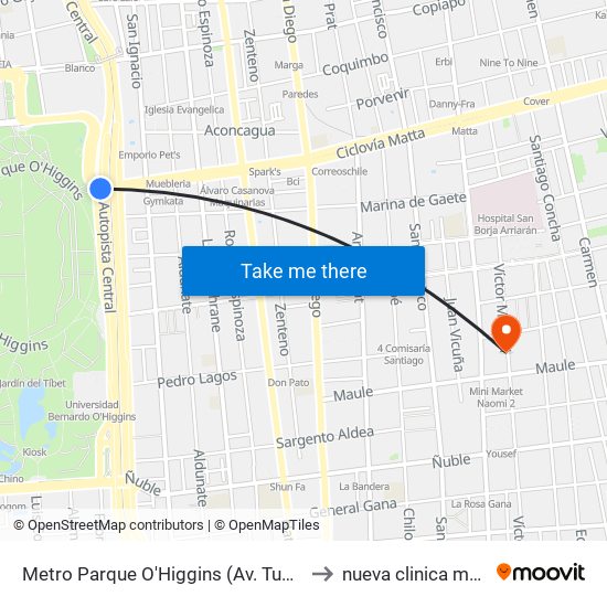 Metro Parque O'Higgins (Av. Tupper Esq. Av. Viel) to nueva clinica madre e hijo map