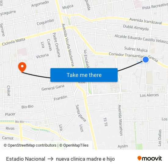 Estadio Nacional to nueva clinica madre e hijo map