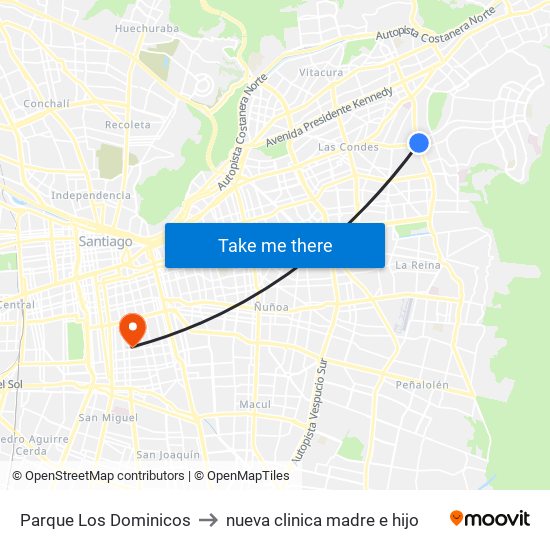 Parque Los Dominicos to nueva clinica madre e hijo map