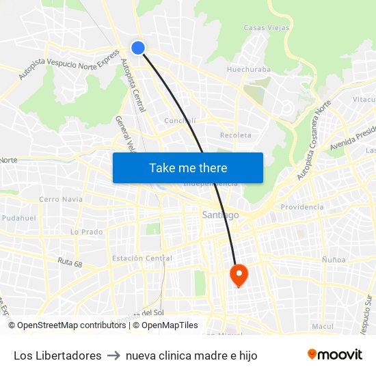 Los Libertadores to nueva clinica madre e hijo map