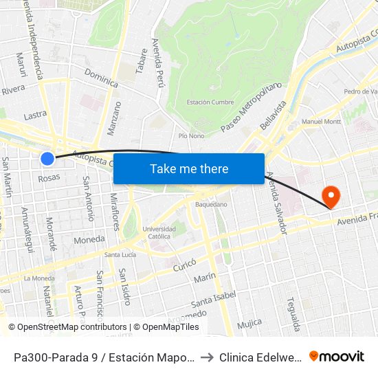 Pa300-Parada 9 / Estación Mapocho to Clinica Edelweiss map