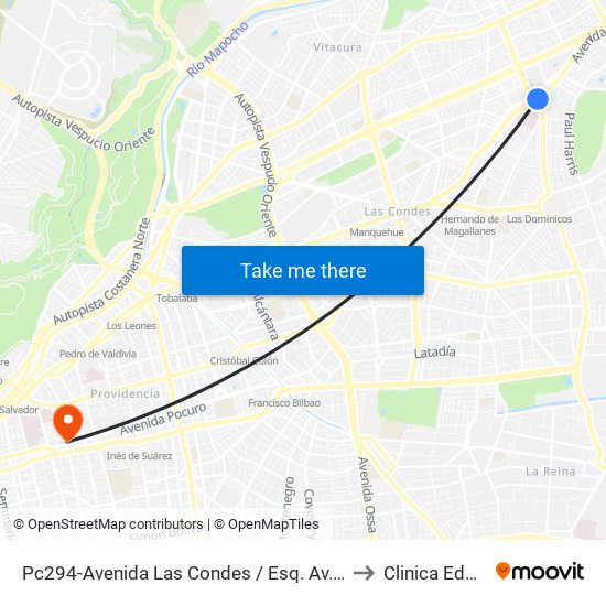 Pc294-Avenida Las Condes / Esq. Av. Padre H. Central to Clinica Edelweiss map