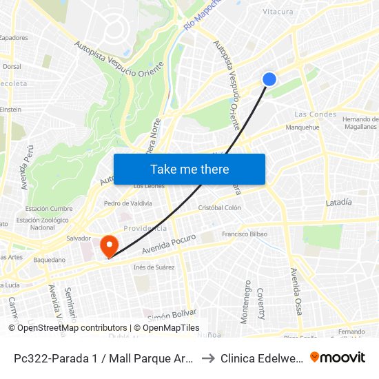 Pc322-Parada 1 / Mall Parque Arauco to Clinica Edelweiss map