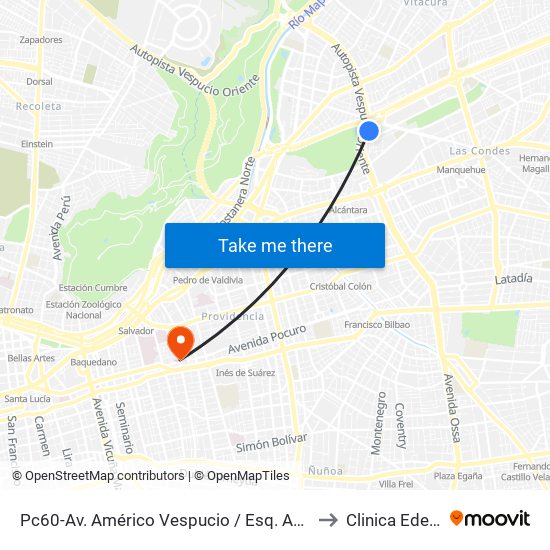 Pc60-Av. Américo Vespucio / Esq. Av. Pdte. Kennedy to Clinica Edelweiss map