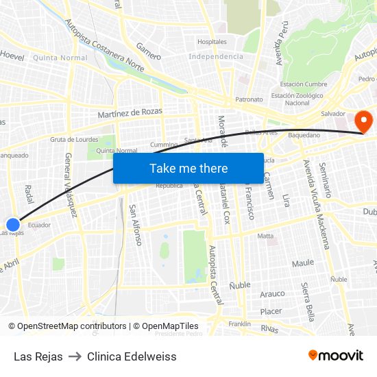 Las Rejas to Clinica Edelweiss map