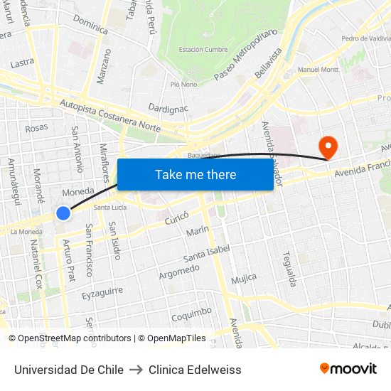 Universidad De Chile to Clinica Edelweiss map