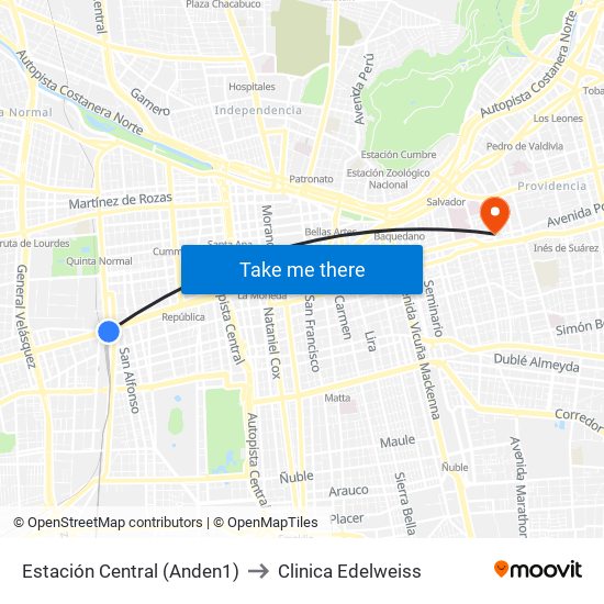 Estación Central (Anden1) to Clinica Edelweiss map