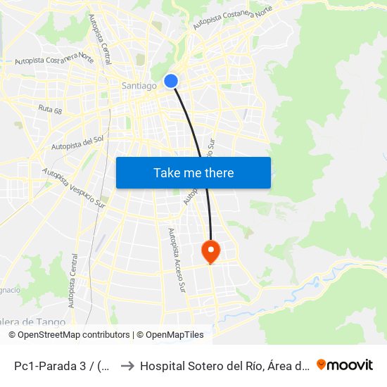 Pc1-Parada 3 / (M) Manuel Montt to Hospital Sotero del Río, Área de Ginecología y Oncología. map