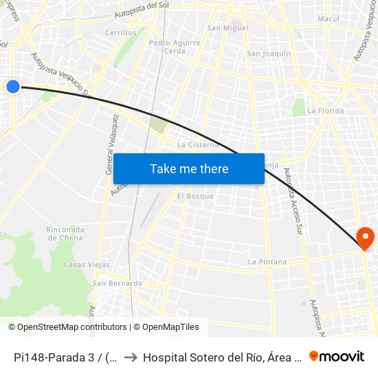 Pi148-Parada 3 / (M) Plaza De Maipú to Hospital Sotero del Río, Área de Ginecología y Oncología. map