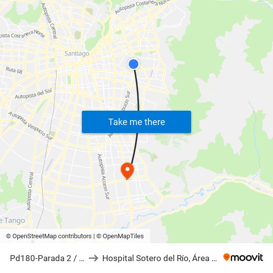Pd180-Parada 2 / (M) Simón Bolívar to Hospital Sotero del Río, Área de Ginecología y Oncología. map