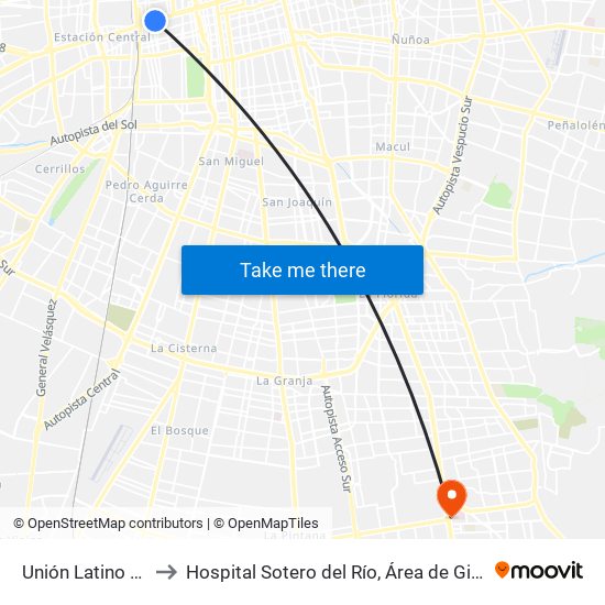 Unión Latino Americana to Hospital Sotero del Río, Área de Ginecología y Oncología. map