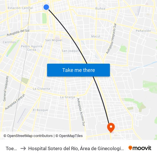 Toesca to Hospital Sotero del Río, Área de Ginecología y Oncología. map