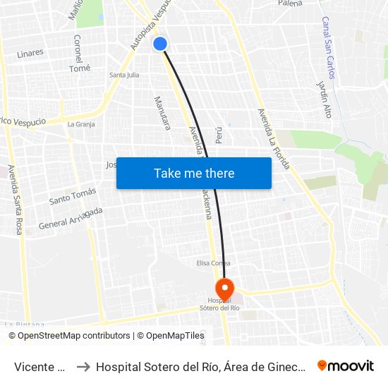 Vicente Valdés to Hospital Sotero del Río, Área de Ginecología y Oncología. map