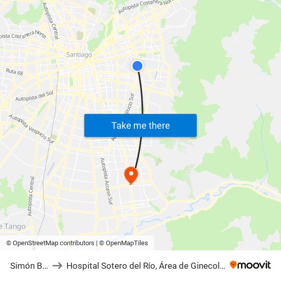 Simón Bolivar to Hospital Sotero del Río, Área de Ginecología y Oncología. map