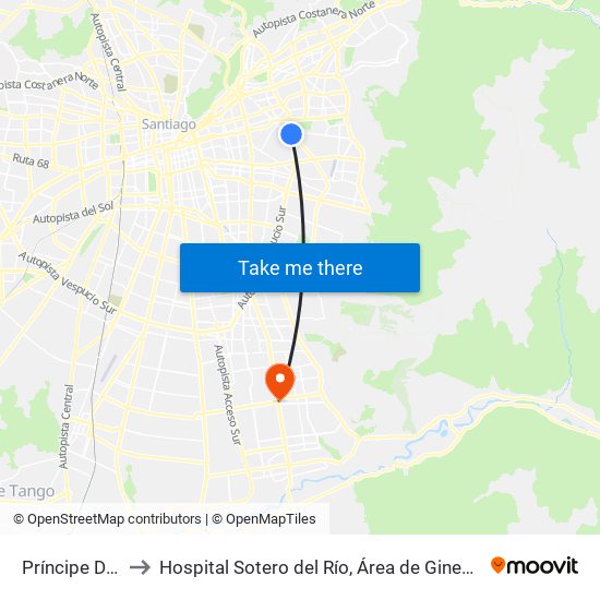 Príncipe De Gales to Hospital Sotero del Río, Área de Ginecología y Oncología. map