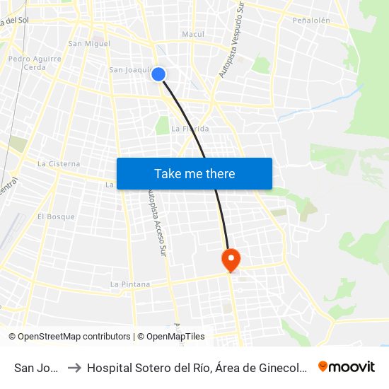 San Joaquín to Hospital Sotero del Río, Área de Ginecología y Oncología. map