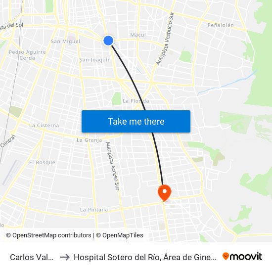 Carlos Valdovinos to Hospital Sotero del Río, Área de Ginecología y Oncología. map