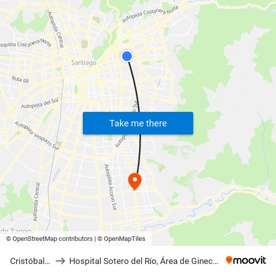 Cristóbal Colón to Hospital Sotero del Río, Área de Ginecología y Oncología. map