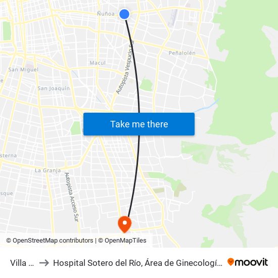 Villa Frei to Hospital Sotero del Río, Área de Ginecología y Oncología. map