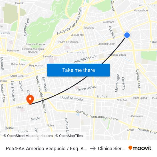 Pc54-Av. Américo Vespucio / Esq. Av. Cristóbal Colón to Clinica Sierra Bella map