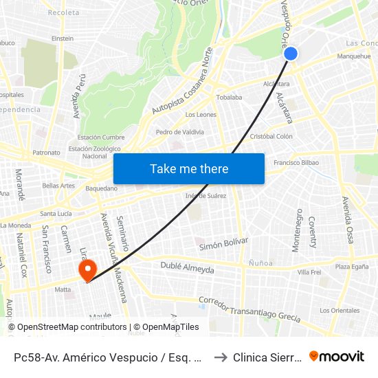 Pc58-Av. Américo Vespucio / Esq. Av. Pdte. Riesco to Clinica Sierra Bella map