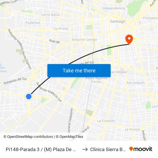 Pi148-Parada 3 / (M) Plaza De Maipú to Clinica Sierra Bella map