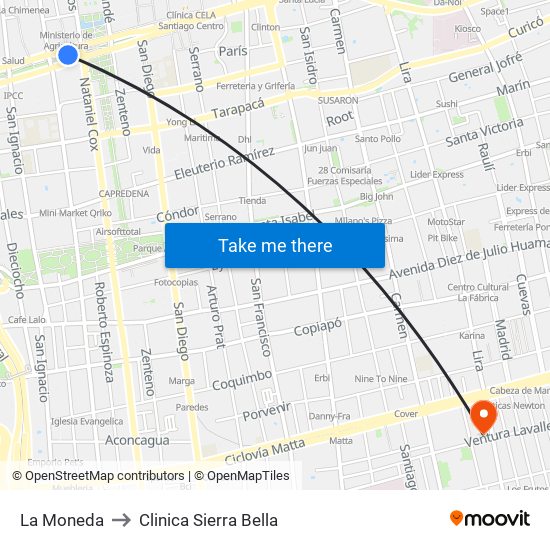 La Moneda to Clinica Sierra Bella map
