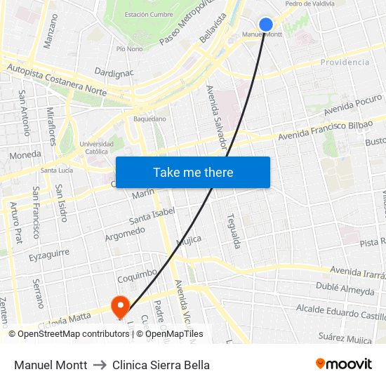 Manuel Montt to Clinica Sierra Bella map