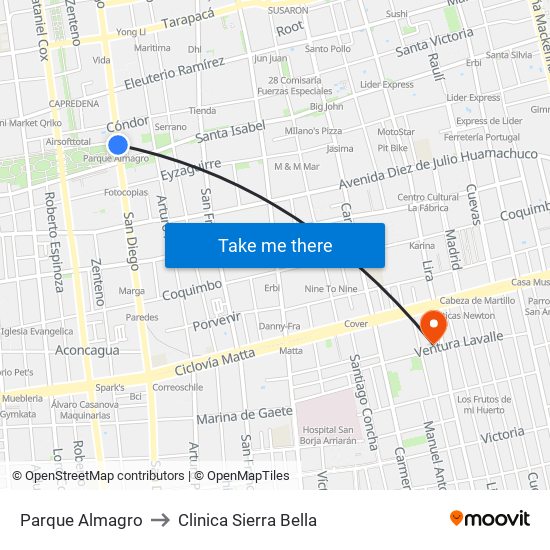 Parque Almagro to Clinica Sierra Bella map