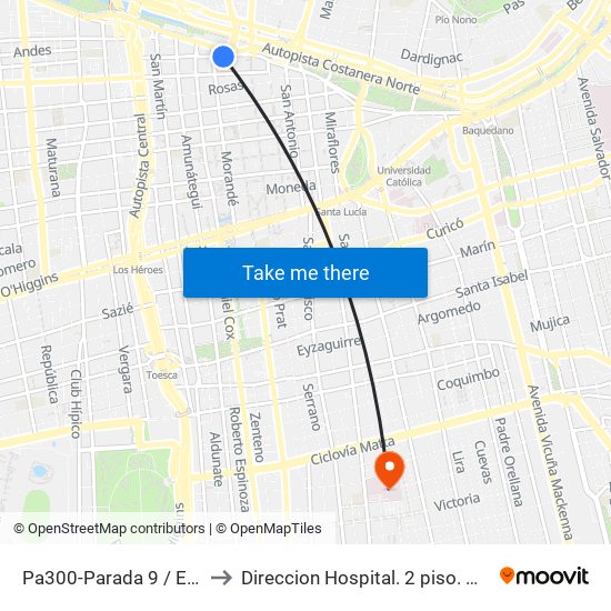 Pa300-Parada 9 / Estación Mapocho to Direccion Hospital. 2 piso. Hosp San Borja Arriaran. map