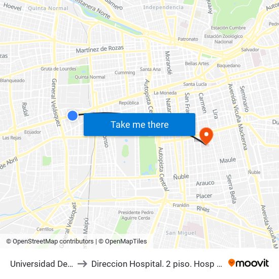 Universidad De Santiago to Direccion Hospital. 2 piso. Hosp San Borja Arriaran. map