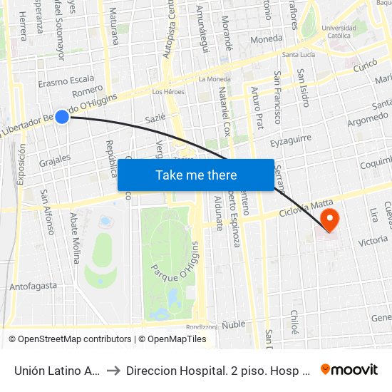 Unión Latino Americana to Direccion Hospital. 2 piso. Hosp San Borja Arriaran. map