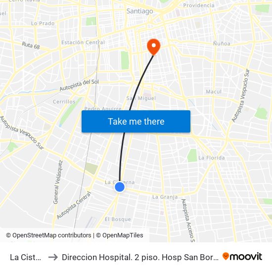 La Cisterna to Direccion Hospital. 2 piso. Hosp San Borja Arriaran. map