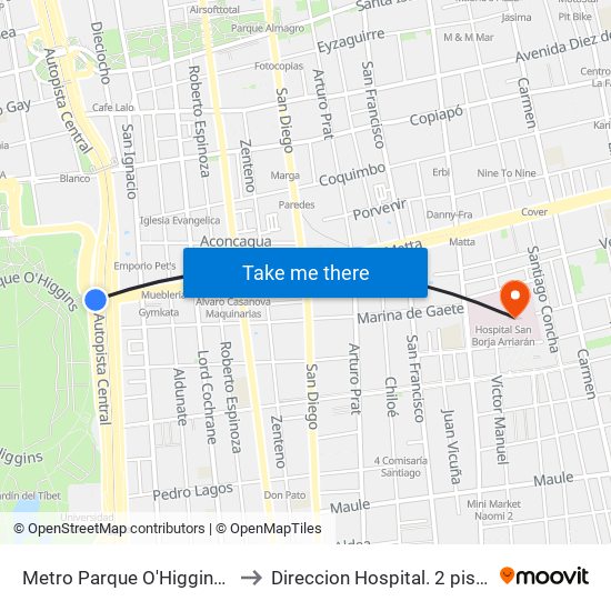 Metro Parque O'Higgins (Av. Tupper Esq. Av. Viel) to Direccion Hospital. 2 piso. Hosp San Borja Arriaran. map