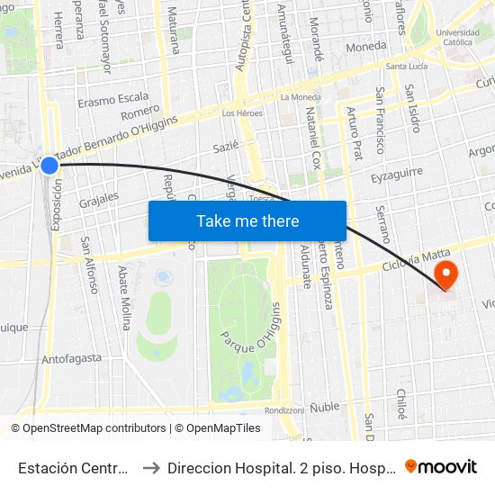 Estación Central (Anden1) to Direccion Hospital. 2 piso. Hosp San Borja Arriaran. map