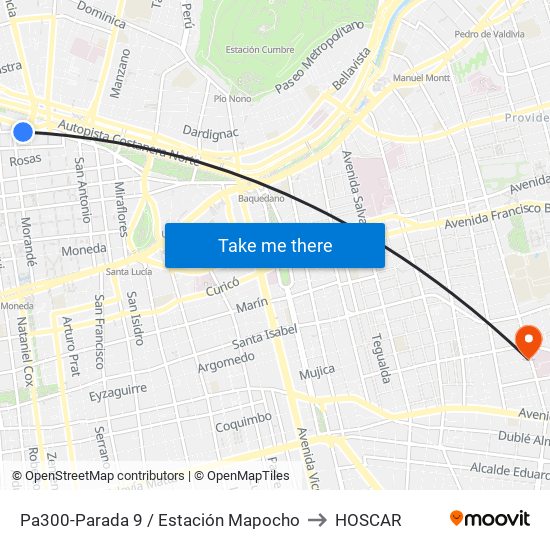 Pa300-Parada 9 / Estación Mapocho to HOSCAR map