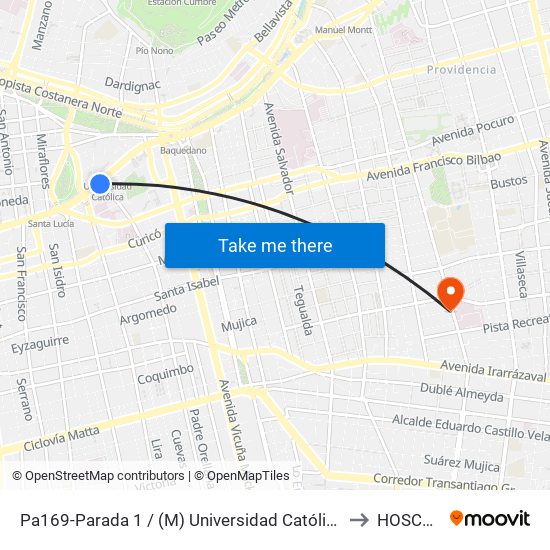 Pa169-Parada 1 / (M) Universidad Católica to HOSCAR map