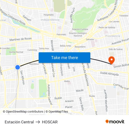 Estación Central to HOSCAR map