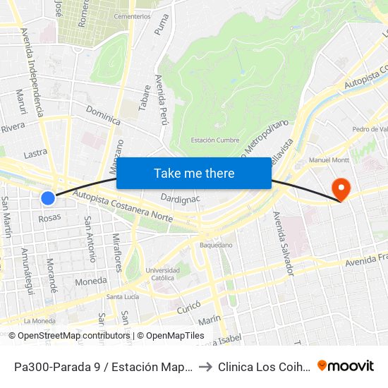 Pa300-Parada 9 / Estación Mapocho to Clinica Los Coihues map