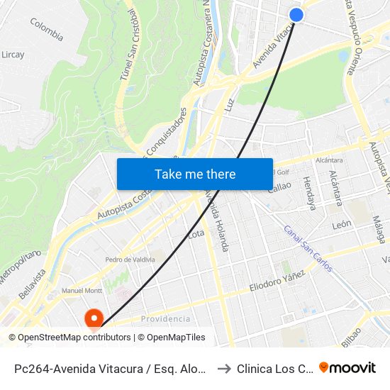 Pc264-Avenida Vitacura / Esq. Alonso De Córdova to Clinica Los Coihues map
