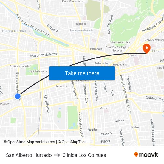 San Alberto Hurtado to Clinica Los Coihues map