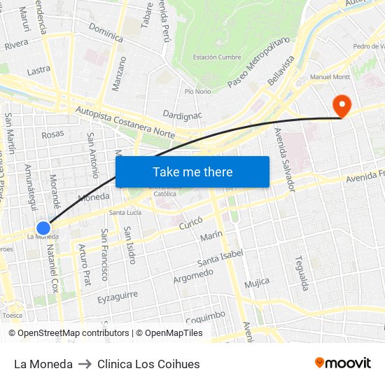 La Moneda to Clinica Los Coihues map