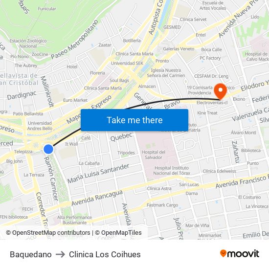Baquedano to Clinica Los Coihues map