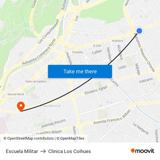 Escuela Militar to Clinica Los Coihues map